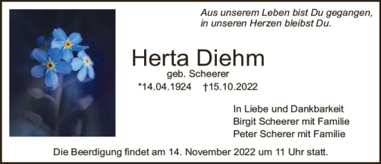 Traueranzeige von Herta Diehm von vrm-trauer Bürstädter/Lamperth. Ztg/Starkenburger