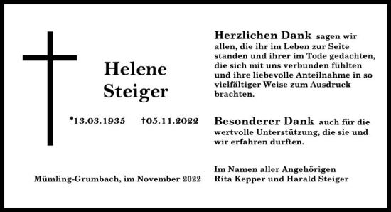 Traueranzeige von HHelene Steiger von vrm-trauer Odenwälder Echo