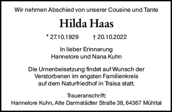 Traueranzeige von Hilda Haas von vrm-trauer Darmstädter Echo