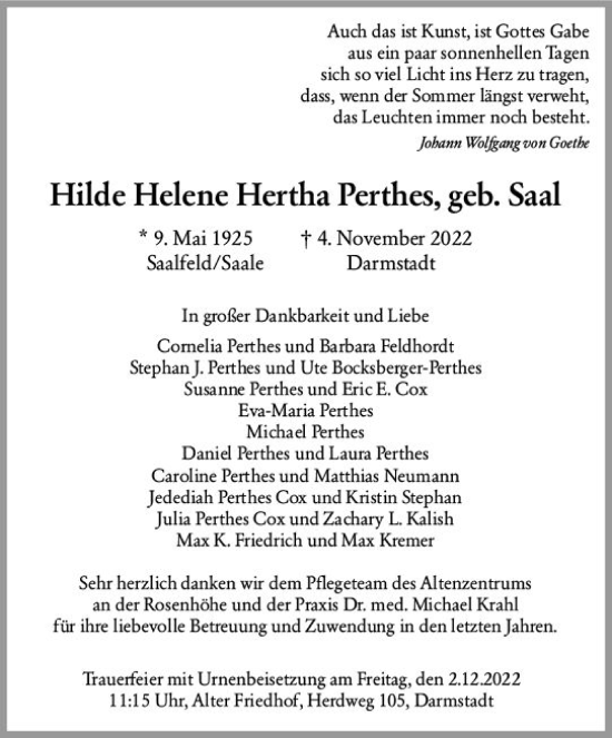Traueranzeige von Hilde Helene Hertha Perthes von vrm-trauer Darmstädter Echo