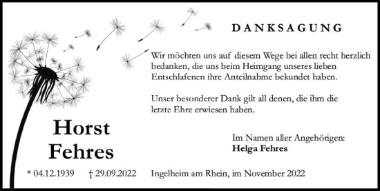 Traueranzeige von Horst Fehres von vrm-trauer Allgemeine  Zeitung Ingelheim-Bingen