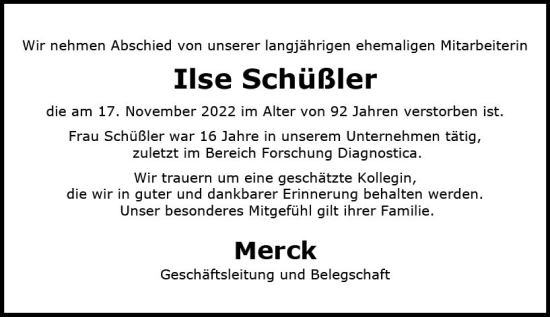Traueranzeige von Ilse Schüßler von vrm-trauer Darmstädter Echo