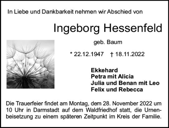 Traueranzeige von Ingeborg Hessenfeld von vrm-trauer Darmstädter Echo