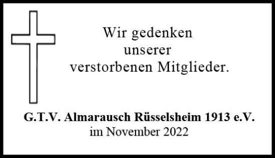 Traueranzeige von In Gedenken  von vrm-trauer Rüsselsheimer Echo / MainSpitze