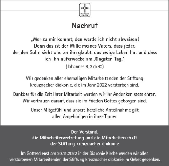 Traueranzeige von In Gedenken  von vrm-trauer Allg. Zeitung Bad Kreuznach