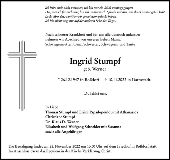 Traueranzeige von Ingrid Stumpf von vrm-trauer Darmstädter Echo