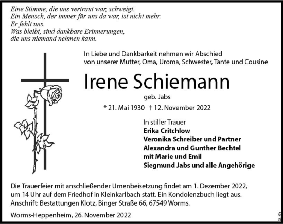 Traueranzeige von Irene Schiemann von vrm-trauer Wormser Zeitung