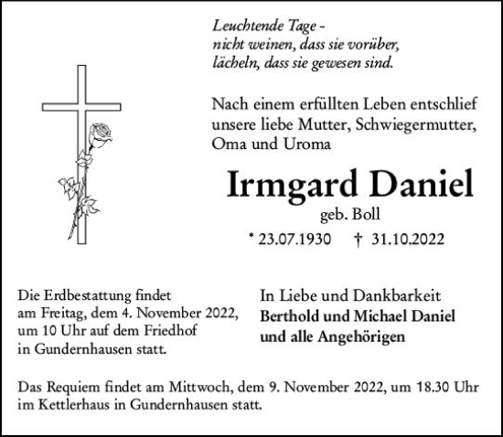 Traueranzeige von Irmgard Daniel von vrm-trauer Darmstädter Echo