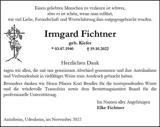 Traueranzeige von Irmgard Fichtner von vrm-trauer Allgemeine Zeitung Alzey