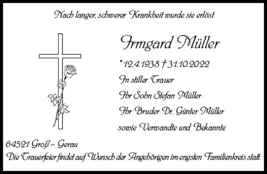 Traueranzeige von Irmgard Müller von vrm-trauer Groß-Gerauer Echo