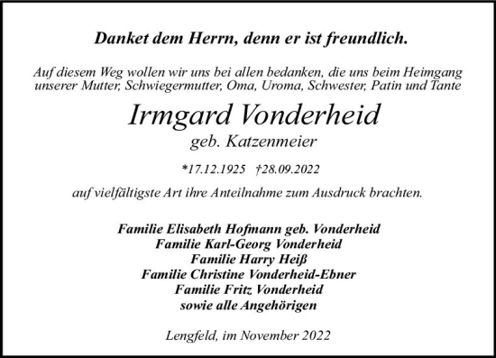 Traueranzeige von Irmgard Vonderheid von vrm-trauer Odenwälder Echo