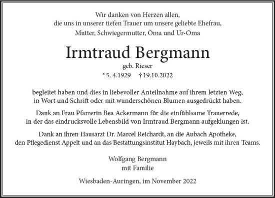 Traueranzeige von Irmtraud Bergmann von vrm-trauer Wiesbadener Kurier