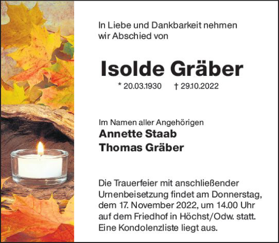 Traueranzeige von Isolde Gräber von vrm-trauer Odenwälder Echo