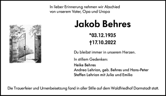 Traueranzeige von Jakob Behres von vrm-trauer Darmstädter Echo