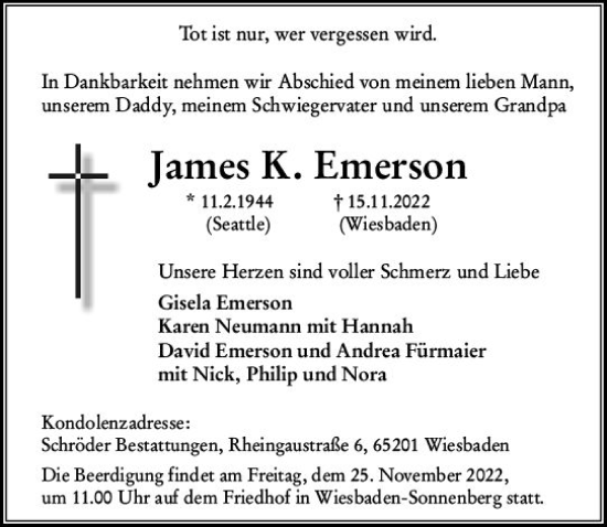 Traueranzeige von James K. Emerson von vrm-trauer Wiesbadener Kurier