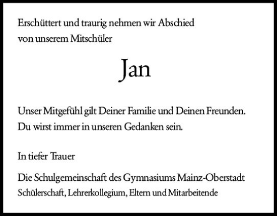 Traueranzeige von Jan  von vrm-trauer AZ Mainz