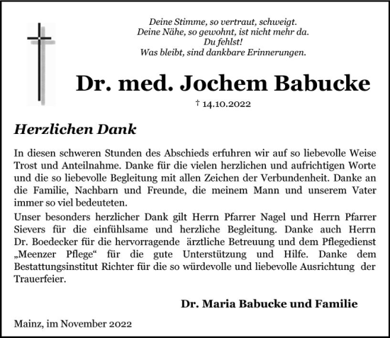 Traueranzeige von Jochem Babucke von vrm-trauer AZ Mainz