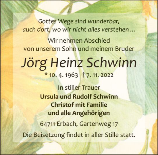 Traueranzeige von Jörg Heinz Schwinn von vrm-trauer Odenwälder Echo