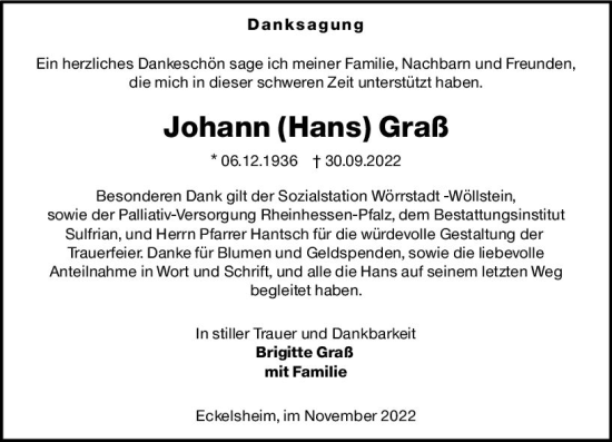 Traueranzeige von Johann Graß von vrm-trauer Allgemeine Zeitung Alzey