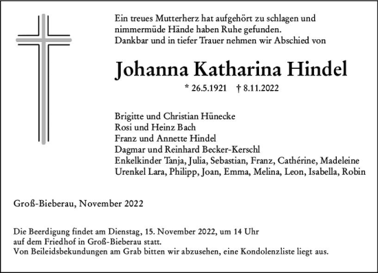 Traueranzeige von Johanna Katharina Hindel von vrm-trauer Darmstädter Echo