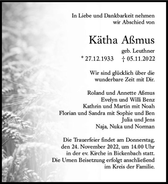 Traueranzeige von Kätha Aßmus von vrm-trauer Darmstädter Echo