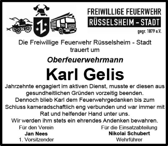 Traueranzeige von Karl Gelis von vrm-trauer Rüsselsheimer Echo / MainSpitze