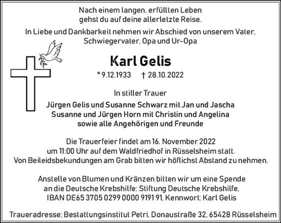 Traueranzeige von Karl Gelis von vrm-trauer Rüsselsheimer Echo / MainSpitze