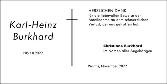 Traueranzeige von Karl-Heinz Burkhard von vrm-trauer Wormser Zeitung