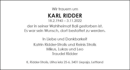 Traueranzeige von Karl Ridder von vrm-trauer Darmstädter Echo