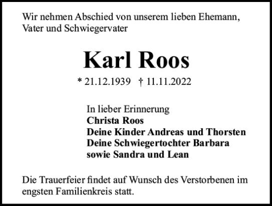 Traueranzeige von Karl Roos von vrm-trauer Darmstädter Echo