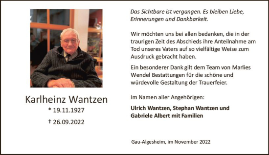 Traueranzeige von Karlheinz Wantzen von vrm-trauer Allgemeine  Zeitung Ingelheim-Bingen