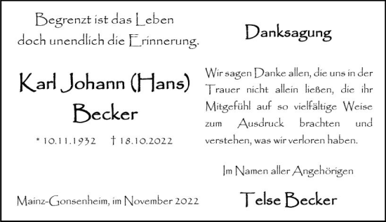 Traueranzeige von Karl Johann Becker von vrm-trauer AZ Mainz