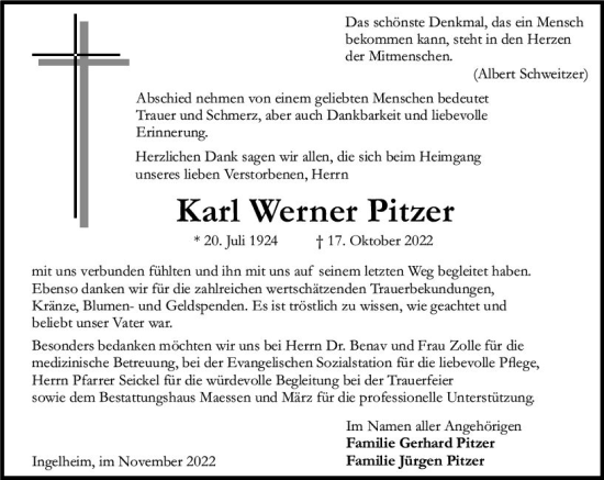 Traueranzeige von Karl Werner Pitzer von vrm-trauer Allgemeine  Zeitung Ingelheim-Bingen