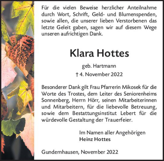Traueranzeige von Klara Hottes von vrm-trauer Darmstädter Echo