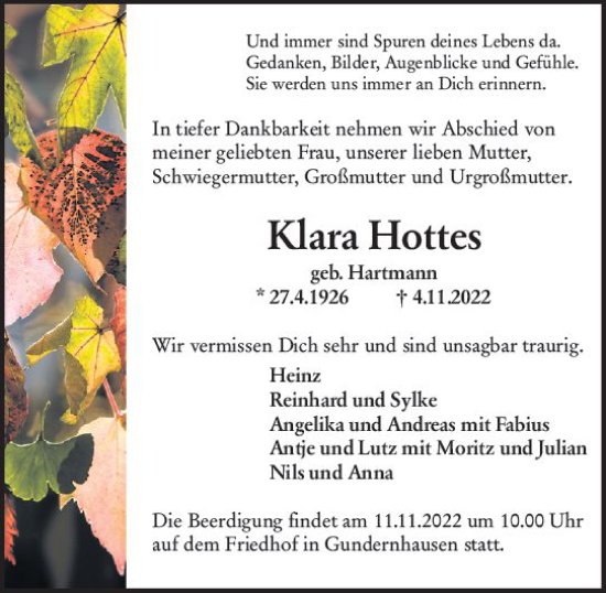 Traueranzeige von Klara Hottes von vrm-trauer Darmstädter Echo