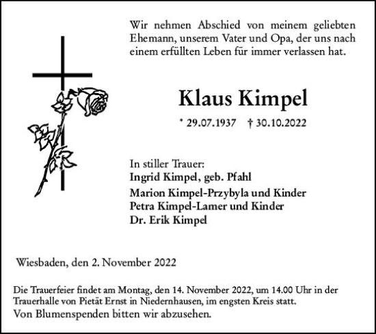 Traueranzeige von Klaus Kimpel von vrm-trauer Wiesbadener Kurier