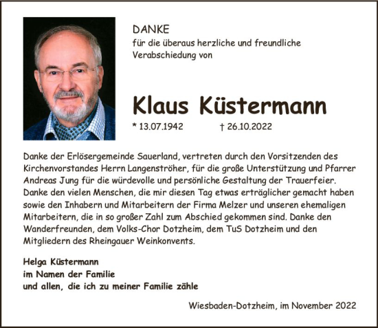 Traueranzeige von Klaus Küstermann von vrm-trauer Wiesbadener Kurier