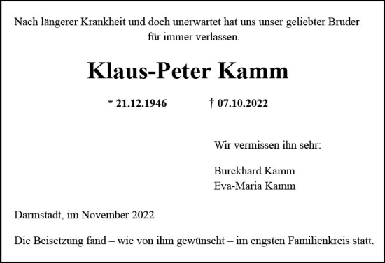 Traueranzeige von Klaus-Peter Kamm von vrm-trauer Darmstädter Echo