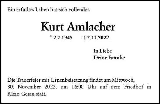 Traueranzeige von Kurt Amlacher von vrm-trauer Groß-Gerauer Echo
