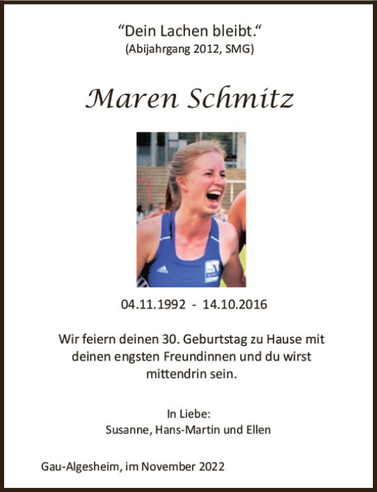 Traueranzeige von Maren Schmitz von vrm-trauer Allgemeine  Zeitung Ingelheim-Bingen