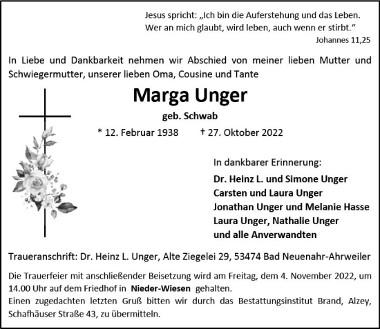Traueranzeige von Marga Unger von vrm-trauer Allgemeine Zeitung Alzey