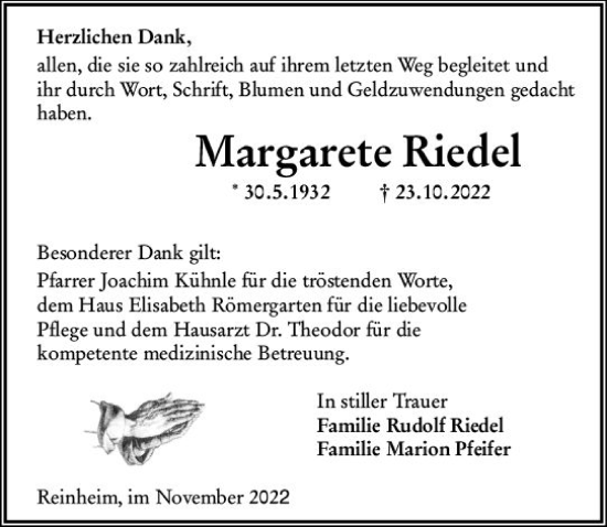 Traueranzeige von Margarete Riedel von vrm-trauer Darmstädter Echo
