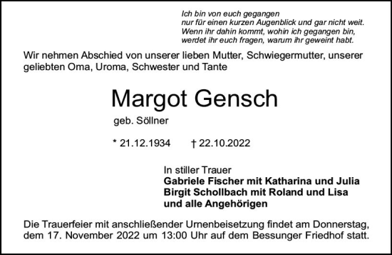 Traueranzeige von Margot Gensch von vrm-trauer Darmstädter Echo