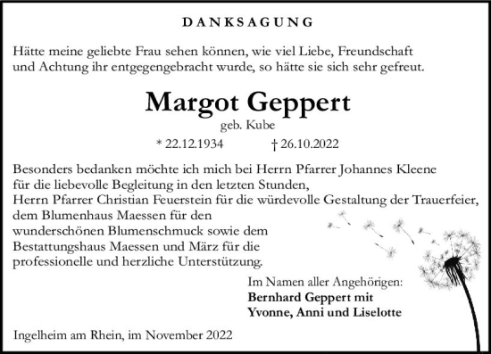 Traueranzeige von Margot Geppert von vrm-trauer Allgemeine  Zeitung Ingelheim-Bingen