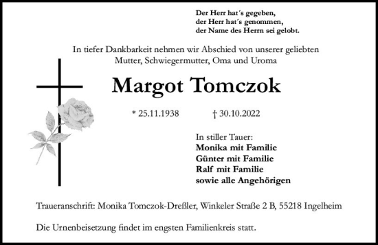 Traueranzeige von Margot Tomczok von vrm-trauer Allgemeine  Zeitung Ingelheim-Bingen