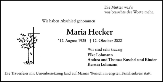 Traueranzeige von Maria Hecker von vrm-trauer Wormser Zeitung