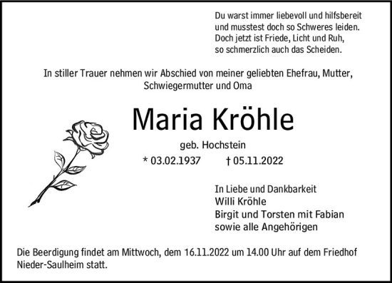 Traueranzeige von Maria Kröhle von vrm-trauer Allgemeine Zeitung Alzey