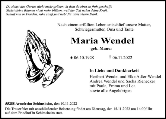 Traueranzeige von Maria Wendel von vrm-trauer Allgemeine Zeitung Alzey