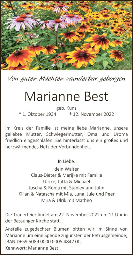 Traueranzeige von Marianne Best von vrm-trauer Darmstädter Echo