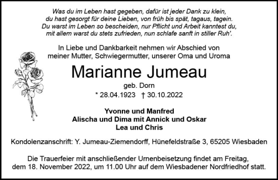 Traueranzeige von Marianne Jumeau von vrm-trauer Wiesbadener Kurier